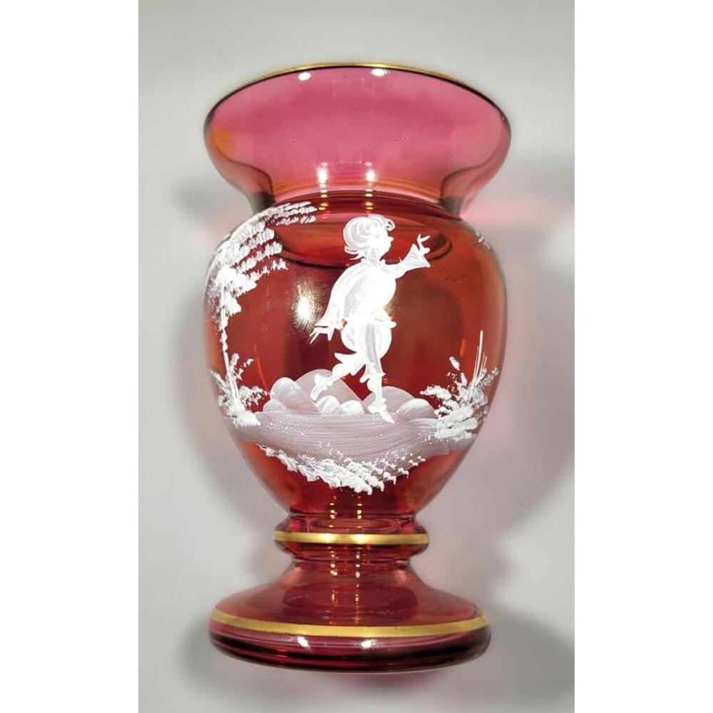 Bohemian Mary Gregory Cranberry Glass Vase with White Enamel Hand-Painted Boy